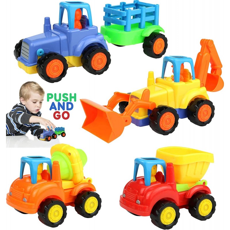 Friction Powered Cars for Toddlers [4 Pack] | Construction Vehicles Toy Set for Boys | Includes Tractor Bulldozer Cement Mixe...