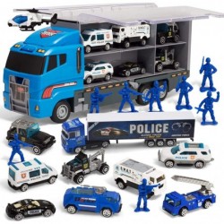 19 in 1 Die-cast Police Toy Truck with Little Police Figures Mini Police Vehicles in Big Carrier Truck Patrol Rescue Helicopt...