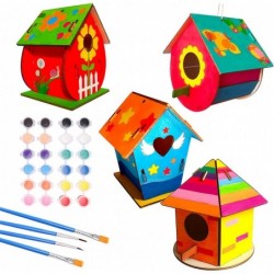 DIY Bird House Kit 4 Packs Wooden Doodle Birdhouses Set Build & Paint Wooden Arts and Painting Craft Toy with Paints & Brushe...