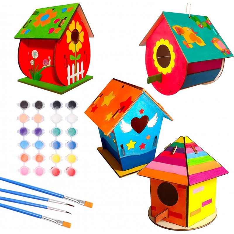 DIY Bird House Kit 4 Packs Wooden Doodle Birdhouses Set Build & Paint Wooden Arts and Painting Craft Toy with Paints & Brushe...