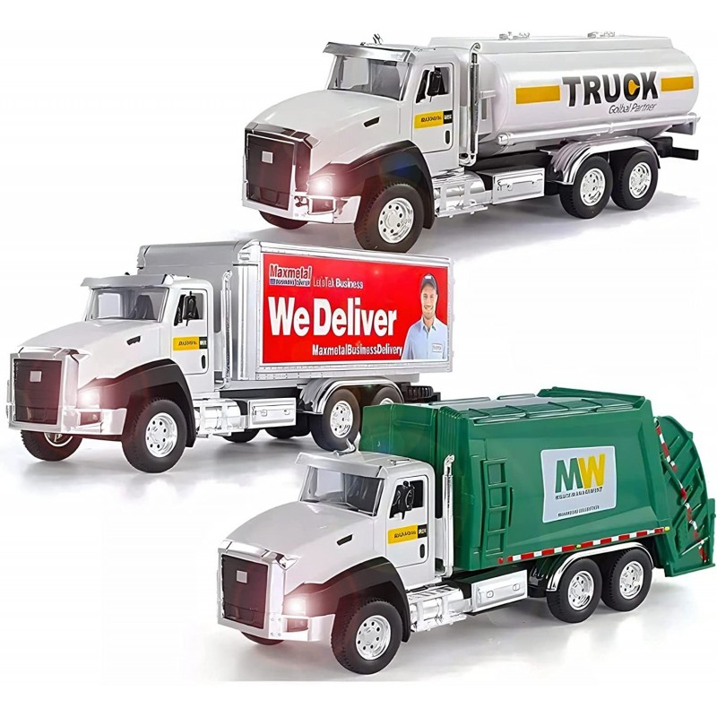 3 Pack City Diecast Semi Trucks Transport Set - Big Toy Garbage Truck Oil Tanker & Transport Vehicle Toy with Pull Back Actio...