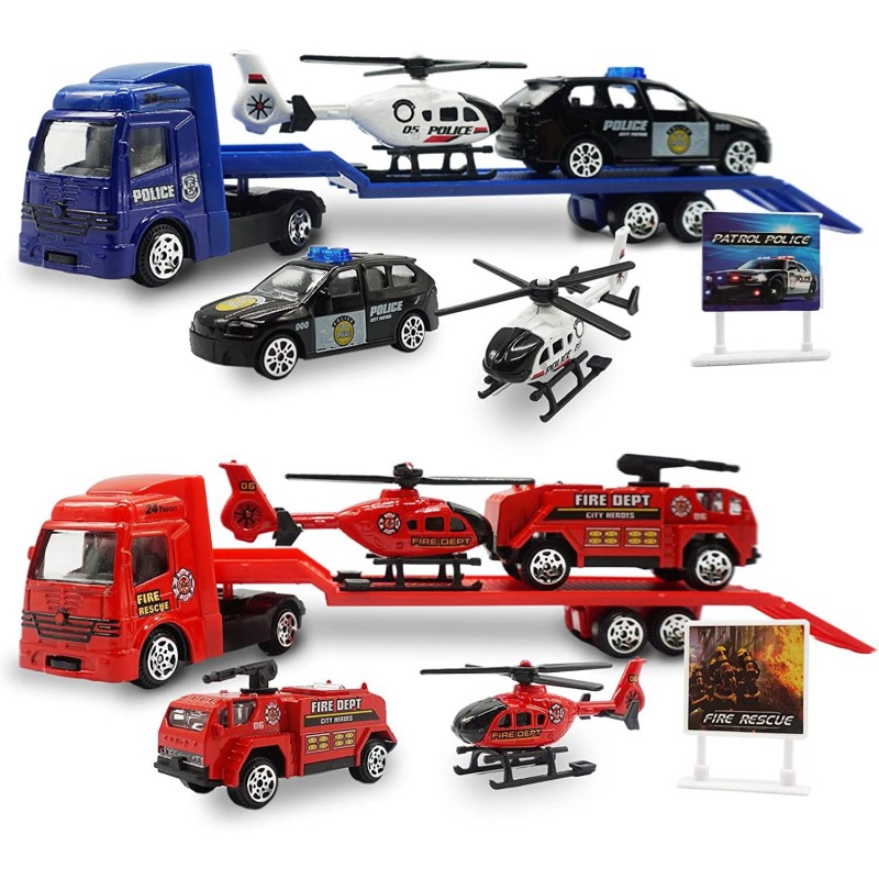 Toy Vehicle Playsets DieCast Push and Go Mini Police Car Fire Engine Truck and Helicopters Toy in Semi Carrier Truck Emergenc...