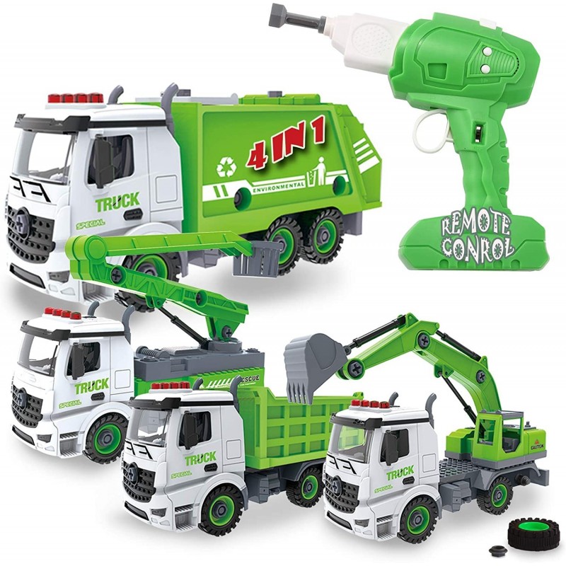 JOYIN 4-in-1 Take Apart Truck Toys with Electric Drill (Converts to Remote Control) Transform to 4 Types Truck Including Recy...