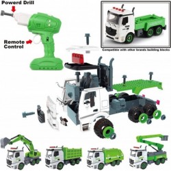 JOYIN 4-in-1 Take Apart Truck Toys with Electric Drill (Converts to Remote Control) Transform to 4 Types Truck Including Recy...