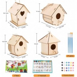 DIY Bird House Kit 4 Packs Wooden Doodle Birdhouses Set Build & Paint Wooden Arts and Painting Craft Toy with Paints & Brushe...