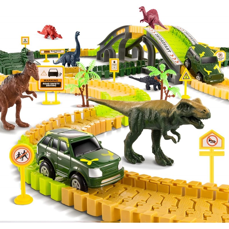 Dinosaur Train Track Toy Set with Race Cars and Jurassic Dinos for Kids Toddlers 2 3 4 5 Years Create A Dinosaur World Road w...