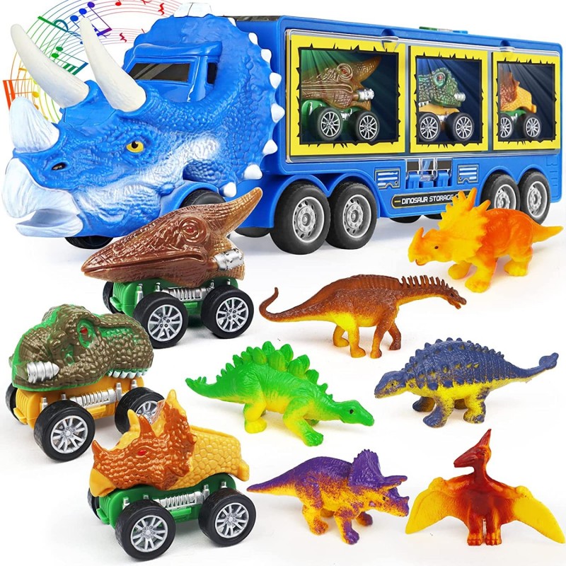 Dinosaur Toys for Kids 3-7 Dinosaur Transport Truck for Boys with Roar & Music Button and Slide 11 Pack Friction Truck Toy In...