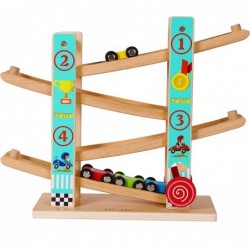 TOWO Pure Wooden Car Ramp - Zig Zag Car Slide Run with 4 Wooden Cars Playsets-Click Clack Track Wooden Car Toys for Toddlers ...