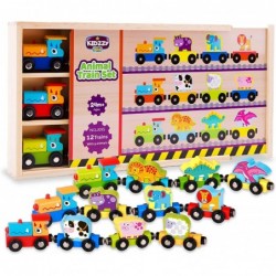 Wooden Trains Set (21 PCS) with 3 Dinosaurs 3 Farm 3 Zoo Animals with Box and Cover - Train Toys Magnetic Set Toy Train Sets ...