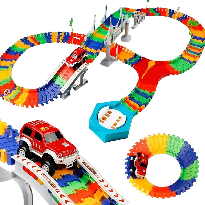 192 Pieces Flexible Race Track Playset - Magic Journey Rainbow Create a Road Super Snap Speedway STEM Building Toy with Race ...