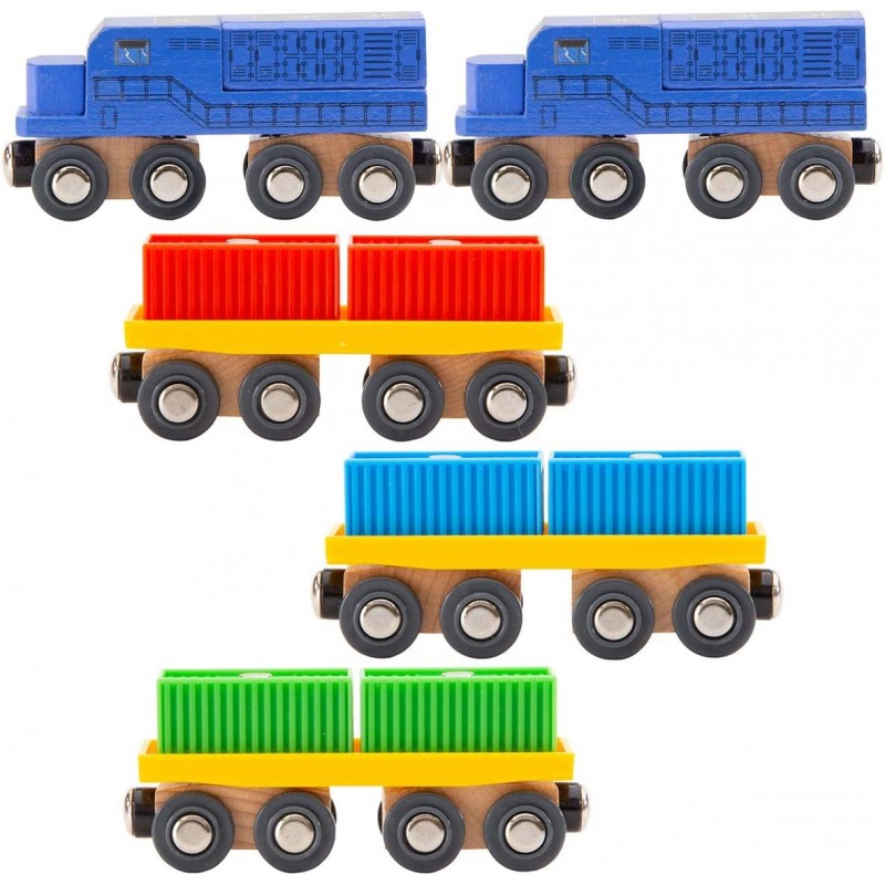 11 Pcs Intermodal Freight Trains Set for Wooden wood Railway Includes 2 Diesel Engines 3 Container Flat Cars 6 Shipping Conta...