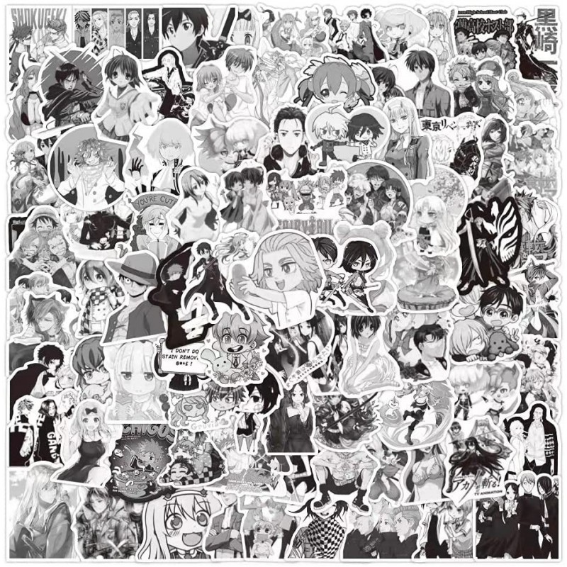 Anime stickers 100 unique black and white Japanese anime mixed cartoon stickers waterproof and sunscreen vinyl stickers suita...