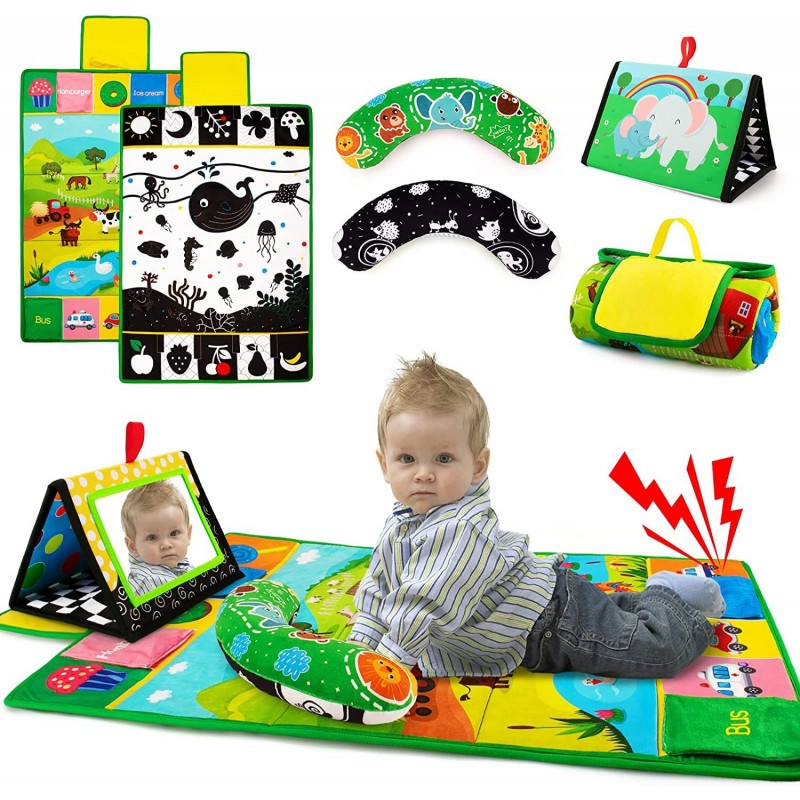 Tummy Time Mirror & Play Mat & Pillow 3-in-1 High Contrast Black and White Baby Toys Activity Mat for Early Education Newborn...