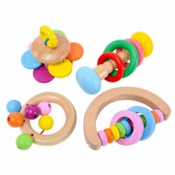 Baby Rattle Set 4 Pack Colorful Wooden Educational Grasping Rattle for Newborn Montessori Hand Bell Toy Suitable from Birth $...