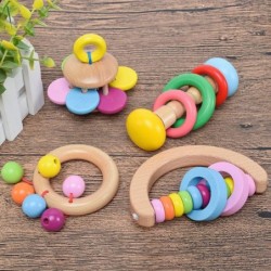 Baby Rattle Set 4 Pack Colorful Wooden Educational Grasping Rattle for Newborn Montessori Hand Bell Toy Suitable from Birth $...