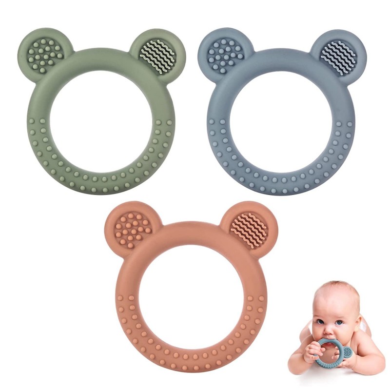 Baby Teething Toys for Babies 0-6 Months Set of 3 Baby Toys 6 to 12 Months BPA Free Soft and Textured Bear Ring Silicone Teet...