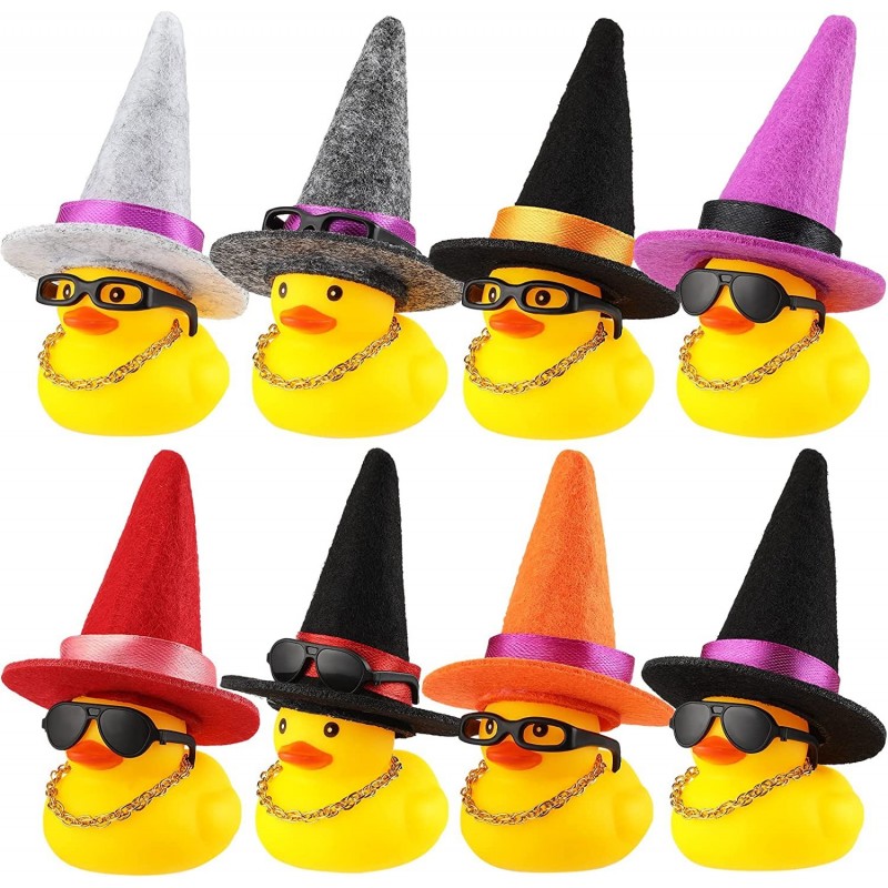 8 Sets Yellow Rubber Mini Duck with Halloween Witch Hat Sunglasses and Necklaces Tiny Ducks Cute Rubber Ducky Bath Toy Squeak...