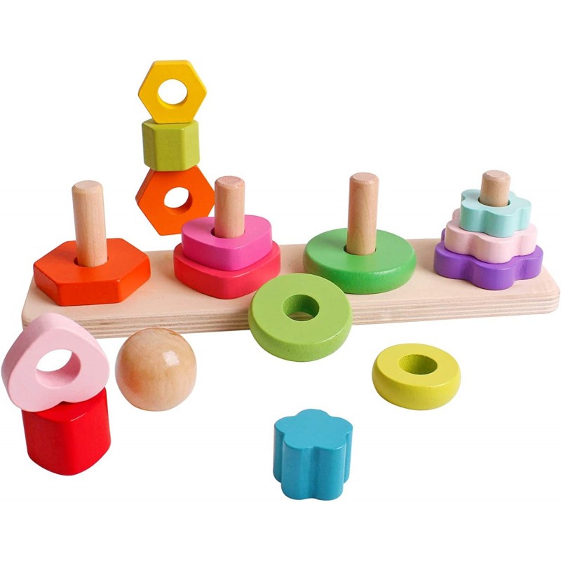 Wooden Four Column Tower Rainbow Stacker Stacking Ring Game Toddler Learning Toy 3 Years Old boy and Girl Refined Exercise $1...