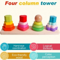 Wooden Four Column Tower Rainbow Stacker Stacking Ring Game Toddler Learning Toy 3 Years Old boy and Girl Refined Exercise $1...