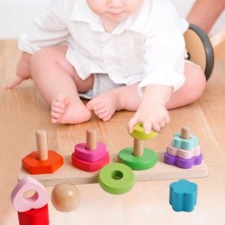 Wooden Four Column Tower Rainbow Stacker Stacking Ring Game Toddler Learning Toy 3 Years Old boy and Girl Refined Exercise $1...