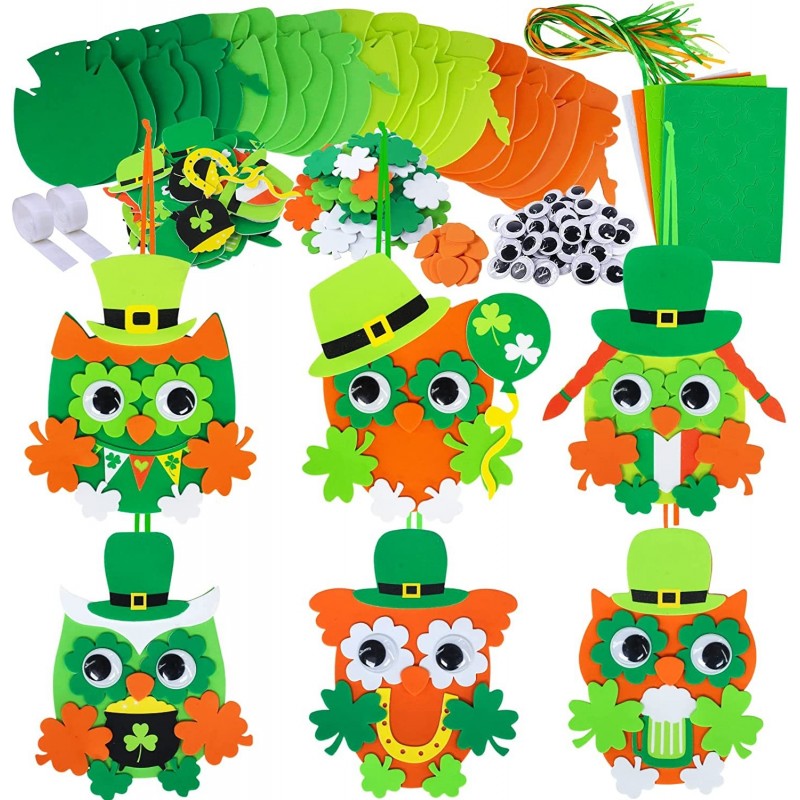 24 Sets St. Patrick's Day Decorations Owl Shamrock Ornaments DIY St. Pat's Craft Kits Assorted Owl Four-Leaf Clover Irish Luc...