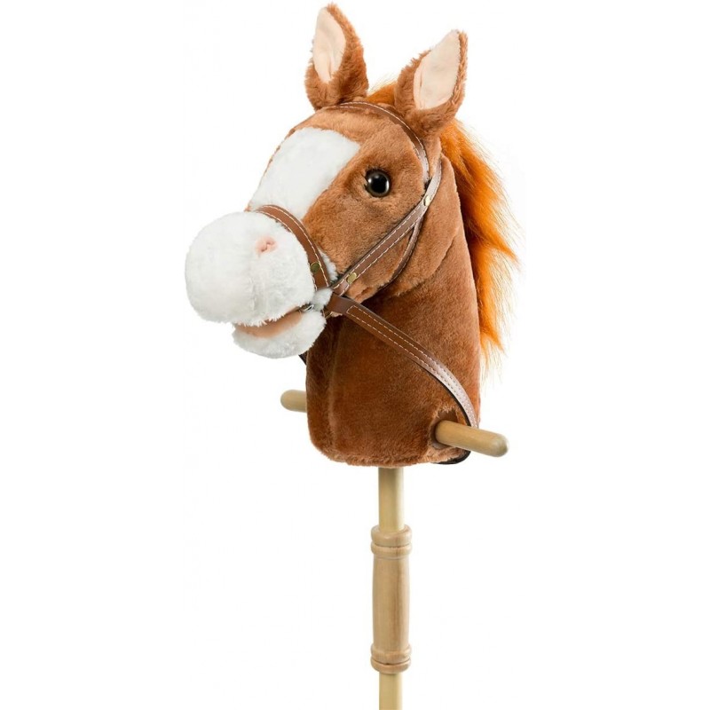 Outdoor Stick Horse with Wood Wheels Real Pony Neighing and Galloping Sounds Plush Toy Dark Brown 36 Inches(AA Batteries Requ...