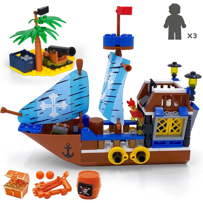 Pirate Ship Playset with 3 Mini Figures 235PCS Pirate Building Blocks for Creative Play Pirate Ship Toys for Boys Ages 6+ Gif...