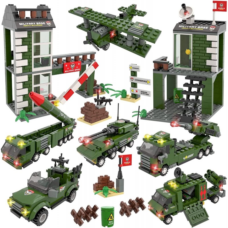 Army Military Base Building Blocks Set with Army Vehicles Tank Airplane Helicopter Best Learning Roleplay STEM Construction T...