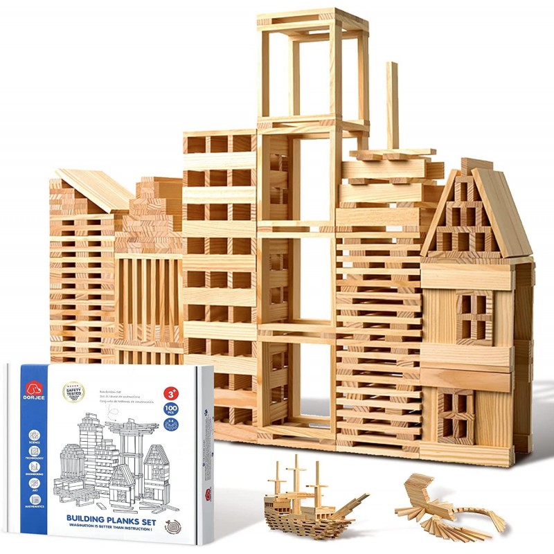 100pcs Classic Wooden Building Blocks Set Ages 3+ Solid STEM Building Toys for Kids Preschool Learning Montessori Toys for To...