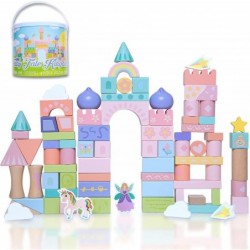 Large Wooden Blocks Set 80pcs - Girls Fairytale Kingdom Castle with Unicorn and Fairy Colored Wooden Building Blocks for Kids...