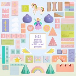 Large Wooden Blocks Set 80pcs - Girls Fairytale Kingdom Castle with Unicorn and Fairy Colored Wooden Building Blocks for Kids...