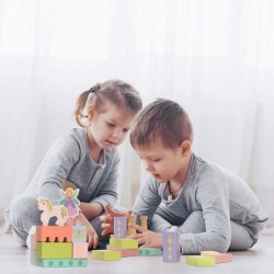 Large Wooden Blocks Set 80pcs - Girls Fairytale Kingdom Castle with Unicorn and Fairy Colored Wooden Building Blocks for Kids...