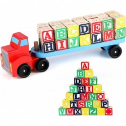 Wooden Alphabet Blocks Truck Wooden Building Blocks Car for Toddlers 28 pcs Stacking Blocks and A Truck Montessori Preschool ...