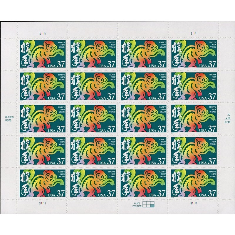 Year of the Monkey: Lunar New Year Full Sheet of 20 x 37-Cent Postage Stamps USA 2004 Scott 3832 $20.99 Collectible Postage S...