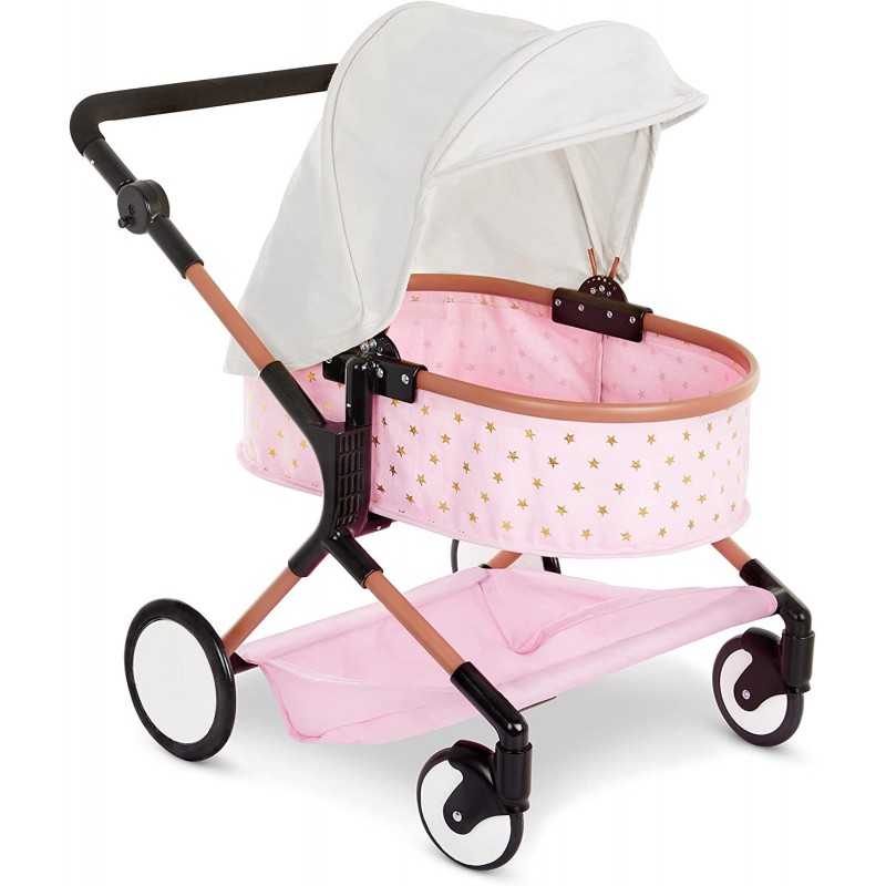 Baby Doll Double Stroller Mini Gold Stars Foldable Canopy Swivel Wheels Basket Pink Carriage Fits Twin 14-inch Dolls Children...