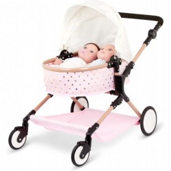 Baby Doll Double Stroller Mini Gold Stars Foldable Canopy Swivel Wheels Basket Pink Carriage Fits Twin 14-inch Dolls Children...