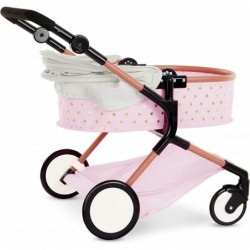 Baby Doll Double Stroller Mini Gold Stars Foldable Canopy Swivel Wheels Basket Pink Carriage Fits Twin 14-inch Dolls Children...