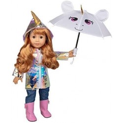 Rainbow Unicorn Doll Rain Outfit for 18" Dolls (6 Piece Set Costume) - Premium Handmade Clothes Include Raincoat Umbrella Shi...