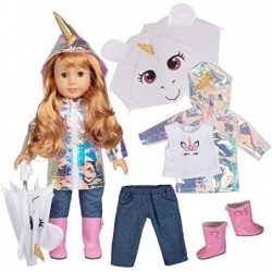 Rainbow Unicorn Doll Rain Outfit for 18" Dolls (6 Piece Set Costume) - Premium Handmade Clothes Include Raincoat Umbrella Shi...