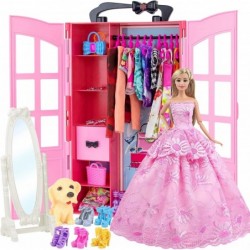 120 Pcs Fashion Doll Closet Wardrobe for Doll Clothes and Accessories Storage Include Clothes Dresses Shoes Mirror Bags Neckl...