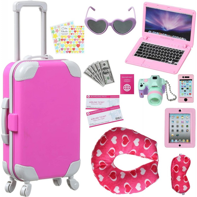 Suitable for Girls' 18 inch Doll Travel Supplies Including Suitcase air Ticket Camera Mobile Phone iPad and Other 16 Pieces o...