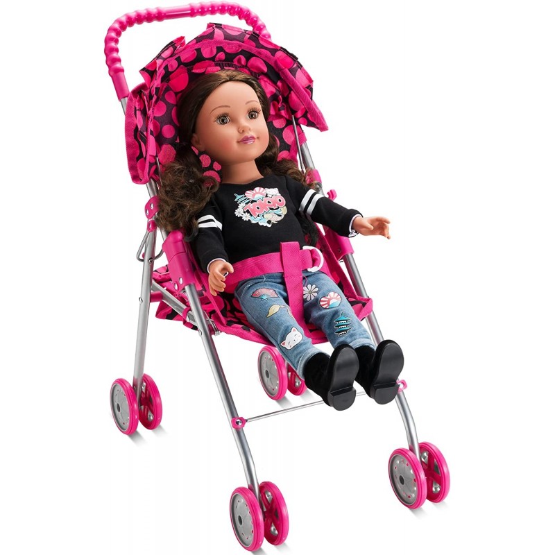 HUSHLILY® - Foldable Baby Doll Stroller with Smooth Rolling Wheels with Adjustable Canopy & Basket - Pink & Black Polka Dots ...