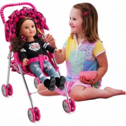 HUSHLILY® - Foldable Baby Doll Stroller with Smooth Rolling Wheels with Adjustable Canopy & Basket - Pink & Black Polka Dots ...