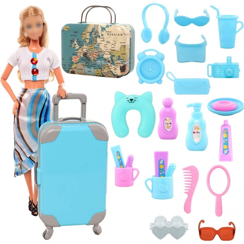 29pcs Doll Travel Clothes and Accessories Blue Trunk Suitcase 2 Girl Doll Clothes 1 Ken Doll Clothes 8 Life Accessories 12 Wa...