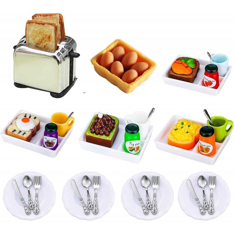 47Pcs Dollhouse Decor Set 1:12 Scale 1 Set Miniature Toast Machine 4Pcs Plate 12Pcs Knife Fork Spoon 1Pc Milk Bottle 1 Set Bo...