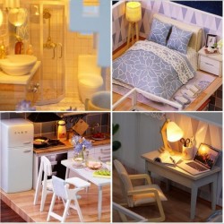 DIY Miniature Dollhouse Wooden Furniture Kit Handmade Mini Modern Apartment Model with Dust Cover & Music Box 1:24 Scale Crea...