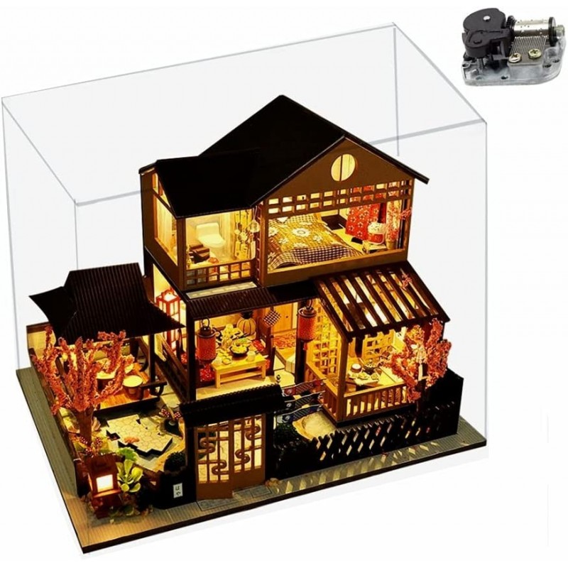 DIY Dollhouse Miniature Kit with Music and Dust Proof Retro Japanese Sakura Villa Dolls House Led Furniture Wooden Puzzle Mod...