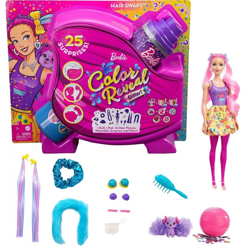 Color Reveal Glitter! Hair Swaps Doll Glittery Pink with 25 Hairstyling & Party-Themed Surprises Including 10 Plug-in Hair Pi...