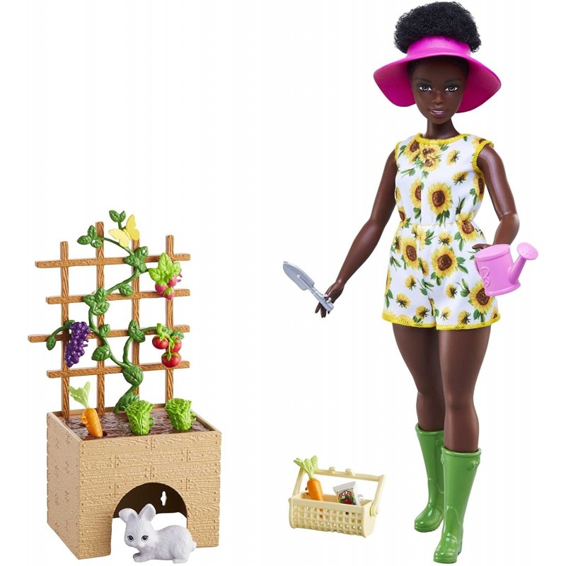 Doll and Gardening Playset with Doll (11.5 in Brunette Curvy) Pet Bunny Lattice with Plug-and-Play Produce and Garden Accesso...