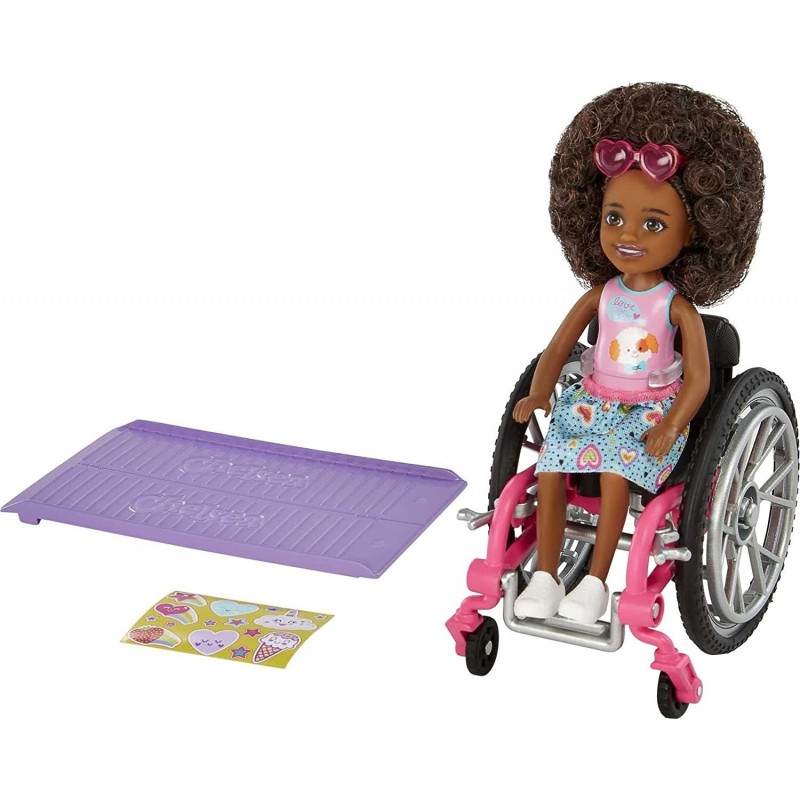 Chelsea Doll & Wheelchair with Chelsea Doll (Curly Brunette Hair) in Skirt & Sunglasses with Ramp & Sticker Sheet Toy for 3 Y...